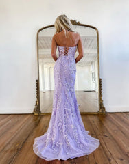 Lilac Mermaid Corset Back Long Prom Dress With Appliques Charming Evening Dress