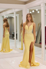 Mermaid V Neck Yellow Satin Long Prom Dresses