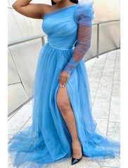 A-Line Prom Dresses Plus Size Dress Wedding Guest Formal Evening Sweep / Brush Train Long Sleeve One Shoulder Wednesday Addams Family Tulle with Slit Pure Color