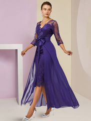 Two Piece Mother of the Bride Dress Formal Wedding Guest Elegant detachable V Neck Knee Length Chiffon Lace Sleeve with Bow(s)