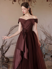 A-Line V Neck Satin Tulle Brown Red, Brown Red Long Formal Dress