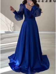 Wholesale A-Line Evening Gown Elegant Dress Formal Fall Sweep / Brush Train Long Sleeve V Neck Satin with Glitter Pleats Strappy