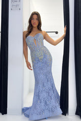 V Neck Mermaid Dusty Blue Lace Prom Dresses