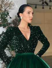 Wholesale Ball Gown A-Line Cocktail Dress Red Green Dresses Vintage Dress Evening Party Cocktail Party Tea Length Long Sleeve Jewel Neck Fall Wedding Guest Tulle with Sequin