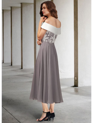 A-Line Mother of the Bride Dress Elegant Off Shoulder  Chiffon Lace Short Sleeve with Pleats Appliques