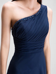 Sheath / Column Empire Dress Wedding Guest Formal Evening Floor Length Sleeveless One Shoulder Bridesmaid Dress Chiffon with Ruched Beading