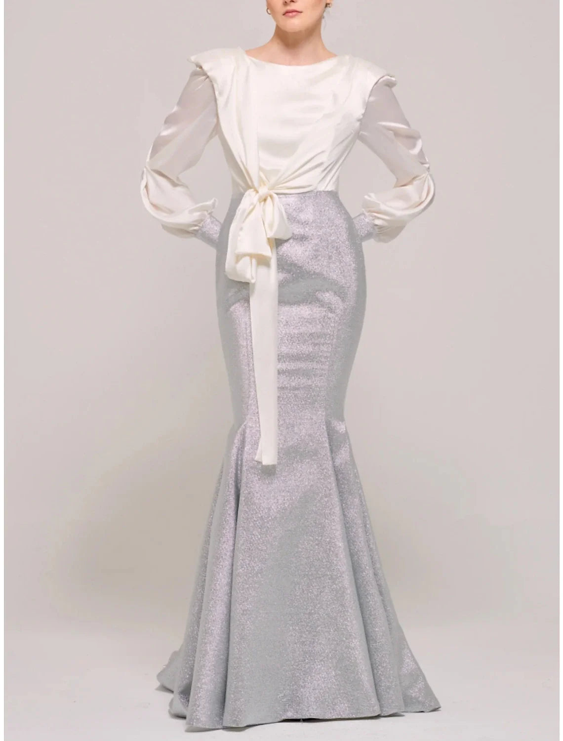 Aimishang Mermaid / Trumpet Mother of the Bride Dress Wedding Guest Party Scoop Neck Sweep / Brush Train Stretch Satin Long Sleeve with Bow(s) Ruching