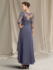 A-Line Mother of the Bride Dress Wedding Guest Elegant High Low Scoop Neck Asymmetrical Satin Lace Short Sleeve with Bow(s) Pleats Appliques
