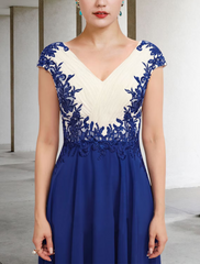 A-Line Mother of the Bride Dress Plus Size Elegant V Neck Chiffon Lace Cap Sleeve with Appliques Side-Draped