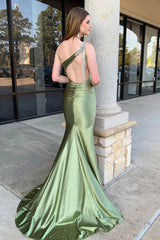 One-Shoulder Sage Beaded Mermaid Satin Prom Dresses