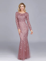 Mermaid / Trumpet Empire Elegant Party Wear Formal Evening Valentine's Day Dress Jewel Neck Long Sleeve Floor Length Tulle with Embroidery 2024 / Illusion Sleeve