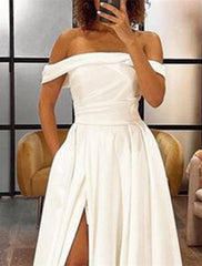 A-Line Evening Gown Party Dress Wedding Prom Court Train Sleeveless Off Shoulder Pocket Satin with Ruched Slit