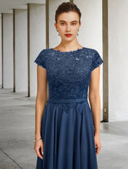 Aimishang A-Line Mother of the Bride Dress Luxurious Elegant Jewel Neck Tea Length Chiffon Lace Cap Sleeve with Pleats Appliques