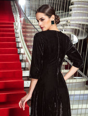 A-Line Black Dress Vintage Wedding Guest Formal Evening Floor Length 3/4 Length Sleeve Jewel Neck Velvet with Pleats