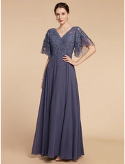 Aimishang  A-Line Mother of the Bride Dress Wedding Guest Elegant V Neck Floor Length Chiffon Lace Short Sleeve with Sequin Ruching Solid Color