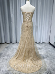 Wholesale Elegant Formal Wear Dresses Strapless Champion Sequin Long Prom Dress Slit Evening Gown Charming Party Dress