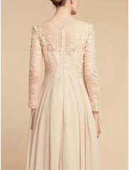 Aimishang  A-Line Mother of the Bride Dress Wedding Guest Elegant Jewel Neck Ankle Length Chiffon Lace Long Sleeve with Ruching Solid Color