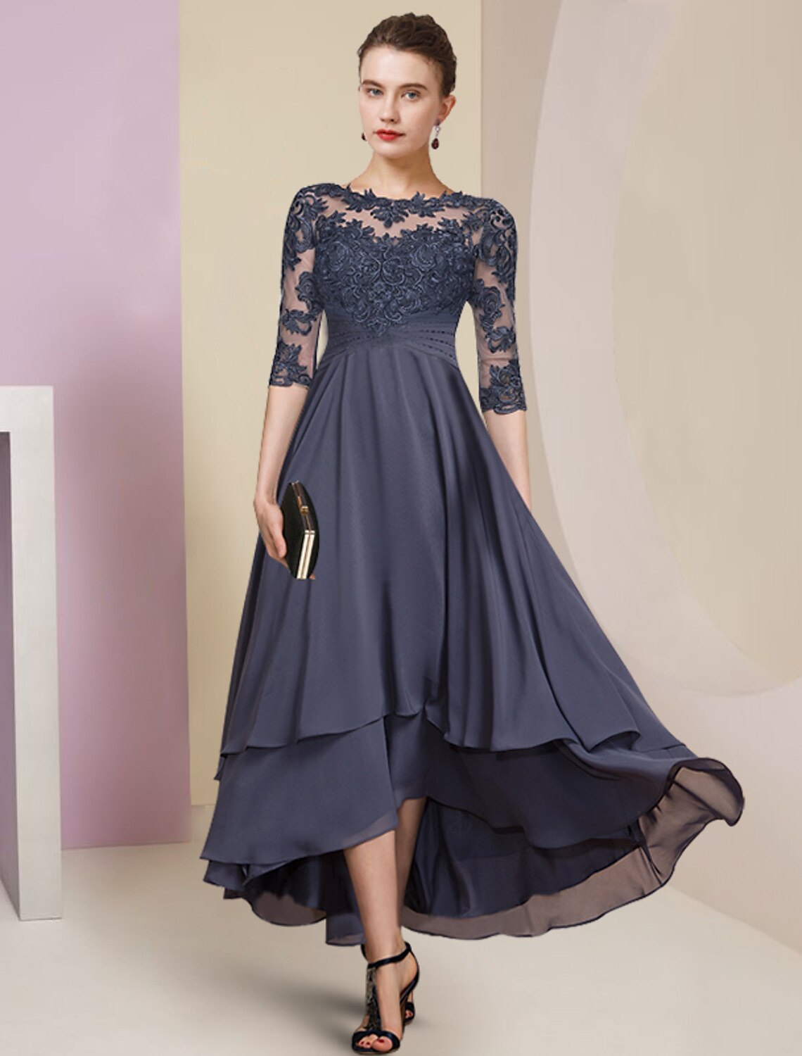 Aimishang Sheath / Column Mother of the Bride Dress Wedding Guest Party Elegant High Low Jewel Neck Asymmetrical Chiffon Lace Half Sleeve with Pleats Solid Color