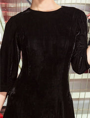 A-Line Black Dress Vintage Wedding Guest Formal Evening Floor Length 3/4 Length Sleeve Jewel Neck Velvet with Pleats