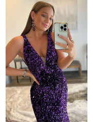 Prom Dresses Dress Formal Sleeveless V Neck Sequined Backless with Sequin