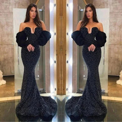 Amazing Black Mermaid Evening Dress Long With Beads Detachable Sleeves
