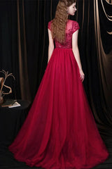 Amazing Burgundy Cap Sleeves Tulle Evening Party Gowns With Beadings