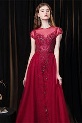 Amazing Burgundy Cap Sleeves Tulle Evening Party Gowns With Beadings