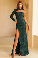 Amazing Dark Green Long Sleeves Sequins Evening Dress Mermaid Split