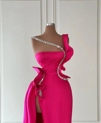 Amazing Fuchsia Mermaid Evening Dress Ruffles With Beads Long