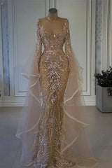Amazing Ruffle Long Sleeves Evening Dress Tulle Lace Mermaid Dress