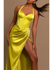 Mermaid / Trumpet Evening Gown Corsets Dress Formal Wedding Guest Floor Length Sleeveless Halter Neck Satin with Ruched Slit 2025