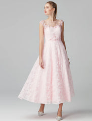 A-Line Prom Dresses Floral Dress Evening Party Ankle Length Short Sleeve Illusion Neck Lace Zipper with Appliques