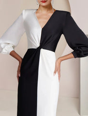 Aimishang Sheath / Column Mother of the Bride Dress Formal Wedding Guest Party Elegant V Neck Floor Length Stretch Satin 3/4 Length Sleeve with Color Block