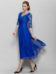 Aimishang  A-Line Mother of the Bride Dress Plus Size Elegant V Neck Tea Length Chiffon Lace Half Sleeve No with Lace Criss Cross Ruched