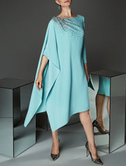 Aimishang Sheath / Column Mother of the Bride Dress Plus Size Elegant Bateau Neck Knee Length Stretch Satin Half Sleeve with Beading