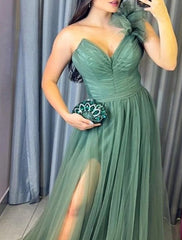A-Line Evening Gown Plus Size Dress Formal Wedding Guest Court Train Sleeveless Strapless Tulle with Bow(s) Slit