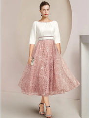 Aimishang A-Line Mother of the Bride Dress Wedding Guest Elegant Petite Scoop Neck Tea Length Chiffon Lace Half Sleeve with Sequin Ruching
