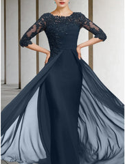 Aimishang Sheath / Column Mother of the Bride Dress Wedding Guest Elegant Jewel Neck Floor Length Chiffon Lace Half Sleeve with Sequin Ruching Solid Color