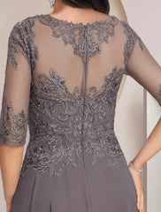 Aimishang A-Line Mother of the Bride Dress Formal Wedding Guest Elegant High Low Scoop Neck Asymmetrical Tea Length Chiffon Lace Half Sleeve with Pleats Appliques