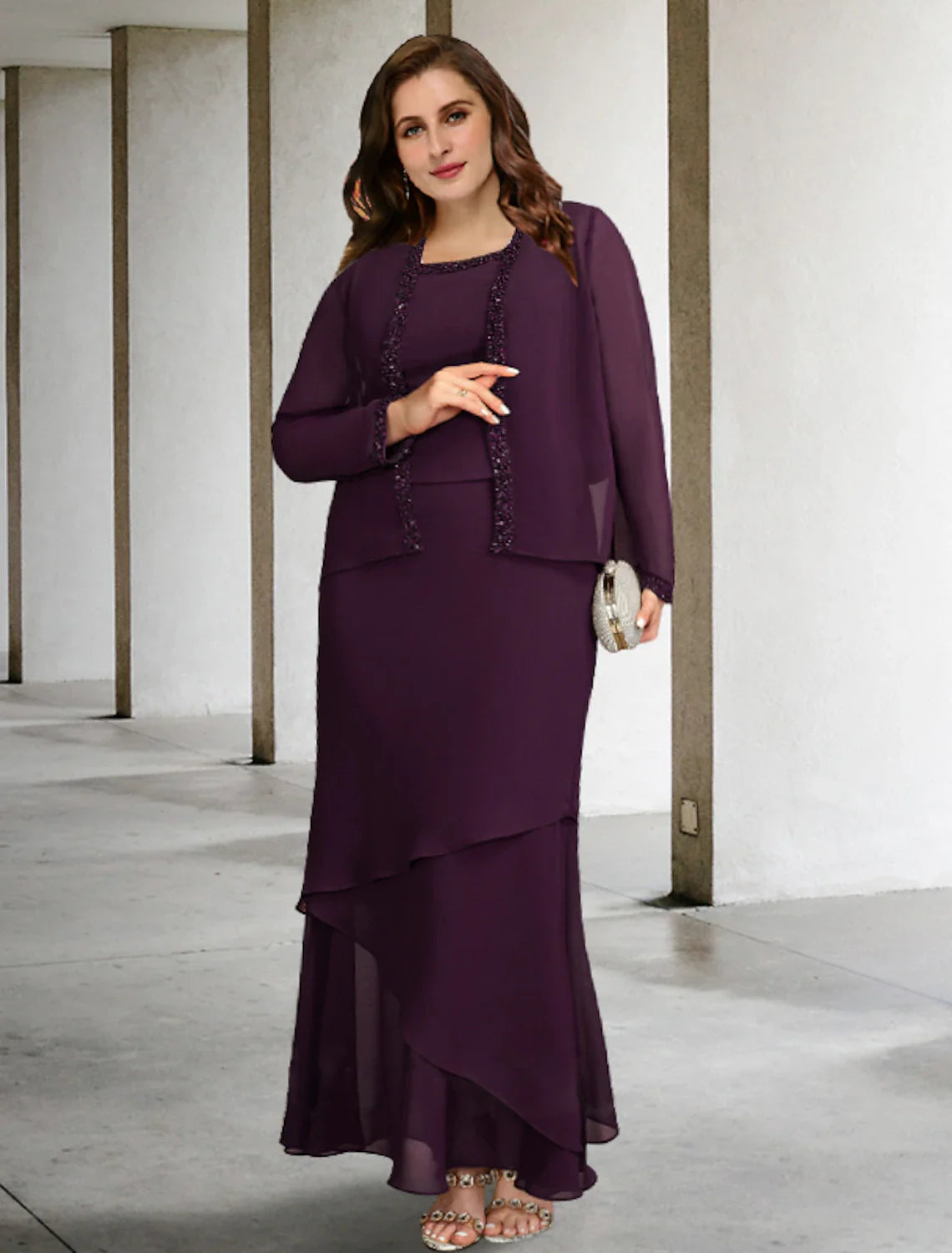 Aimishang  Two Piece A-Line Mother of the Bride Dresses Plus Size Hide Belly Curve Elegant Dress Formal Ankle Length Sleeveless Square Neck Chiffon with Beading Ruffles