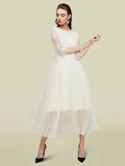 A-Line Mother of the Bride Dress Elegant Jewel Neck Tea Length Chiffon Lace Half Sleeve