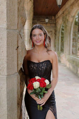 Strapless Black Lace Long Mermaid Prom Dresses