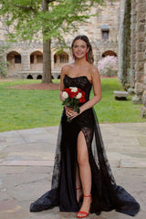 Strapless Black Lace Long Mermaid Prom Dresses
