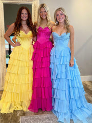 Yellow Sweetheart Ruffle Chiffon Tiered Long Prom Dresses