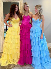 Yellow Sweetheart Ruffle Chiffon Tiered Long Prom Dresses