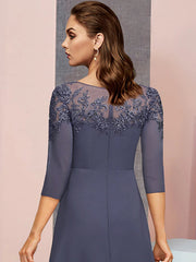 A-Line Mother of the Bride Dress Formal Elegant Jewel Neck Floor Length Chiffon Lace 3/4 Length Sleeve with Sequin