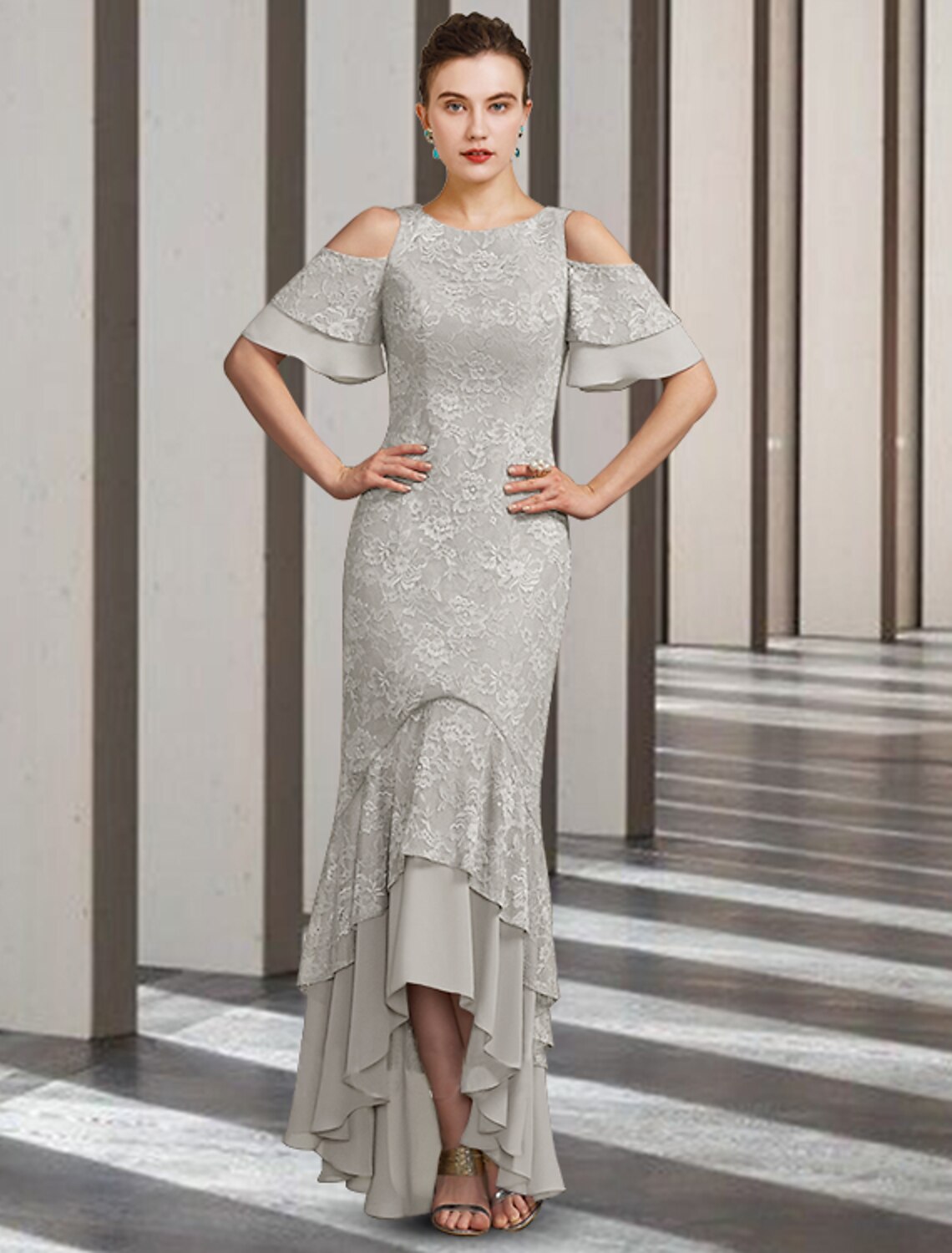 Aimishang Sheath / Column Mother of the Bride Dress Elegant High Low Jewel Neck Floor Length Chiffon Lace Short Sleeve with Ruffles