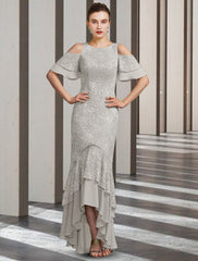 Aimishang Sheath / Column Mother of the Bride Dress Elegant High Low Jewel Neck Floor Length Chiffon Lace Short Sleeve with Ruffles