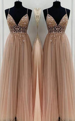 Aimishang A-Line Elegant Beading Tulle Spaghetti Straps Sleeveless Floor-Length Prom Dresses