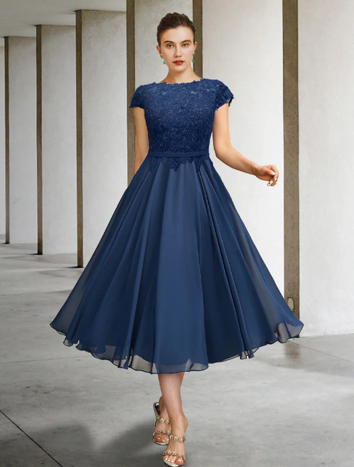 Aimishang A-Line Mother of the Bride Dress Luxurious Elegant Jewel Neck Tea Length Chiffon Lace Cap Sleeve with Pleats Appliques
